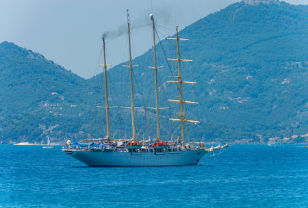 Large sailing ship with four masts in the blue Mediterranean sea, Porto Venere or Portovenere town, Gulf of La Spezia, Liguria, Italy, Europe.の写真素材