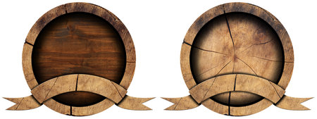 Wooden round icon or symbol (tree trunk) with empty wood ribbon with copy space and isolated on white background. 3D illustration.の写真素材