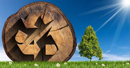 Sustainable Resources and Zero Waste concept. Cross section of a tree trunk with a wooden recycle symbol on a green meadow with daisy flowers and a single tree against a clear blue sky with sunbeams.の素材 [FY310211340503]