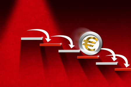 3D illustration of european union currency falling down, recession, inflation and depression concept. Staircase with steps on a red background and copy space.の写真素材