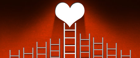 3D illustration of a group of step ladders, all gray and one white, on a red wall with white heart and copy space. The way of love concept.の写真素材
