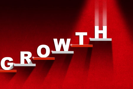 Staircase with white and red steps on a red background and text growth, and copy space, 3d illustration.の写真素材