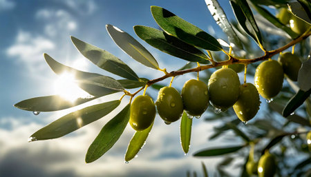 Closeup of an olive branch with green olives fruits and leaves wet with dew against a blue sky with clouds and sunbeams.の素材