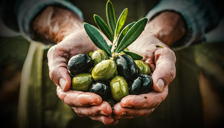 Close-up of two wrinkled hands (cupped hands full of fresh olives) of a farmer showing the harvest of black and green olives wet with dew.の素材