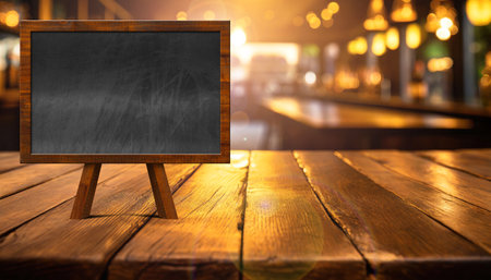 Close-up of an empty blackboard with wooden frame and copy space, above an old wooden table with diminishing perspective, inside a blurry bar or restaurant.の素材