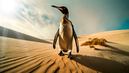 A desperate penguin (king penguin) walks in the desert looking for food and water. The heat caused by climate change has left the animal without its normal habitat.の素材