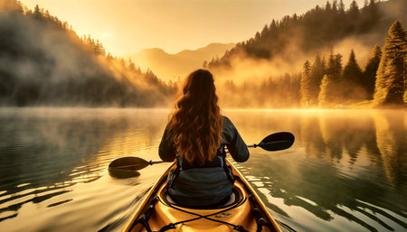 A young woman seen from behind with long curly hair kayaking in a beautiful mountain lake at sunrise or sunset.の素材