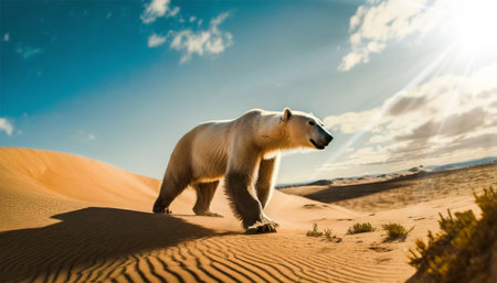 A desperate white polar bear walks in the desert looking for food and water. The heat caused by climate change has left the animal without its normal habitat.の素材