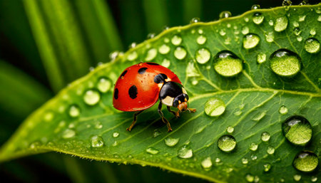Macro photography of a red ladybug with black dots above a green leaf with dew drops.の素材