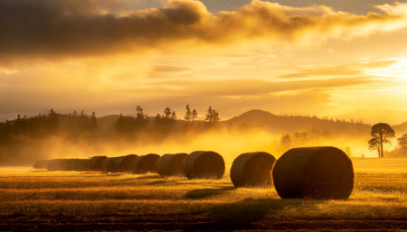 Row of hay bales on a golden beautiful landscape at sunset or sunrise. Agricultural field with hills and sky with clouds in the background.の素材