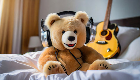 Smiling, cute teddy bear with headphones and guitar listening to music sitting on a bed with white sheets and pillows.の素材