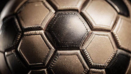 Extreme close-up of an old leather soccer ball with hexagons, full frame, background.の素材