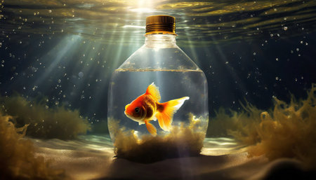 Close-up of a goldfish inside a plastic bottle on the seabed, plastic and microplastics pollution concept.の素材