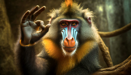 A beautiful mandrill (Mandrillus Sphinx) makes the ok sign with his hand while looking at the camera.の素材