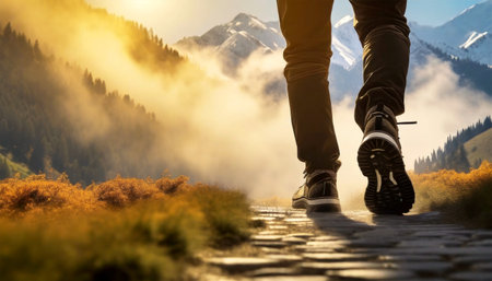 Bottom view of a hiker on a mountain hiking trail. Closeup of legs and feet with sneakers of a hiker walking on a trail, in the background beautiful snow-capped mountains and forests.の素材