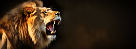 Extreme close-up of a head of a lion roaring on a dark background with copy space. Concept of strength and leadership.の素材