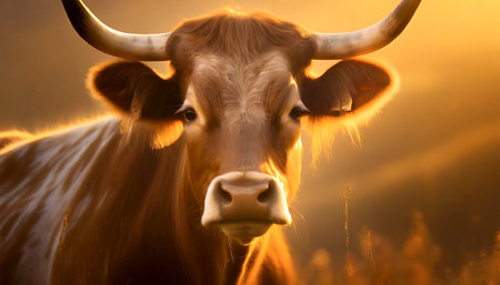 Close-up of a brown cow (heifer) with horns, looking at the camera, on a sunny day at sunset or sunrise with copy space.の素材