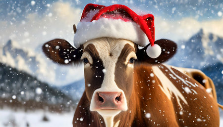 Close-up of a brown and white cow (heifer) dressed as Santa Claus, in a mountain landscape in winter while it is snowing. Christmas and New Year holidays concept.の素材