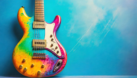 Close-up of a multicolored electric guitar on a blue background with copy space.の素材
