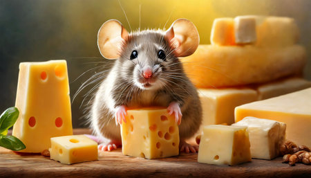 Portrait of a little cute and plump mouse eating cheese (looking at camera), on a wooden table with many slices of Emmental cheese around.の素材
