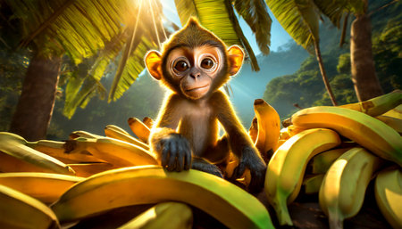 Portrait of a little cute smiling monkey (baby monkey) while sitting on a pile of bananas in the green rainforest at sunset or sunrise.の素材