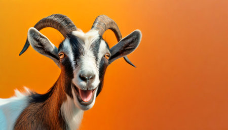 Portrait of a beautiful mountain goat with horns and open mouth, looking at camera, on an orange background with copy space. Template for dairy products.の素材