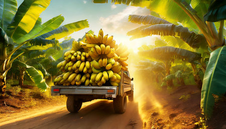 Rear view of a pick-up truck full of ripe yellow bananas, on a dirt road through a tropical cultivation of bananas.の素材