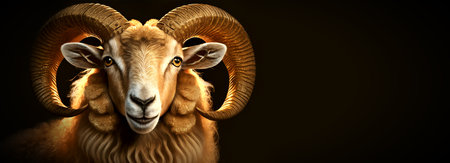 Portrait of a beautiful ram with large helix shaped horns, looking at camera, on a black background with copy space.の素材