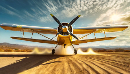 Front view of a small private propeller airplane taking off or landing in a desert area. in the background landscape with mountains, hills and sky with clouds and sun rays.の素材