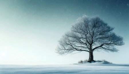 Single bare tree on snowy landscape while it snows with copy space.の素材