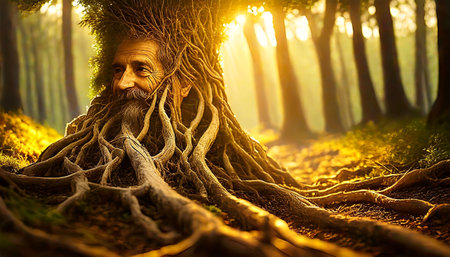 Old twisted roots coming out of the ground, transforming into the face of an old man with a beard and mustache and a large tree. In the background a landscape with a forest at sunrise or sunset.の素材
