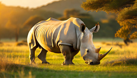 Beautiful large white or gray rhino on a Green Pasture in the Savannah at sunset or sunrise.の素材