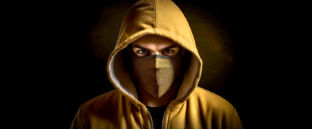 Portrait of an anonymous masked man under hoodie looking at camera, on a dark background with copy space. Generative Ai.の素材