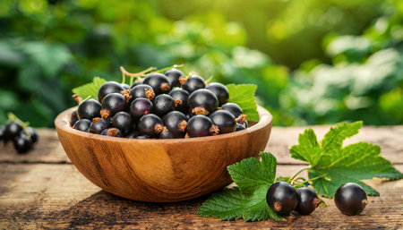 Close-up of an old olive wood bowl, full of fresh black currant berries, on an old wooden table with green leaves and copy space. Generative Ai.の素材
