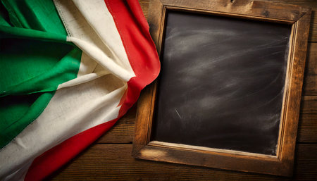 Close-up an old Italian flag and an empty blackboard with wooden frame and copy space, on a wooden table or desk. Generative Ai.の素材