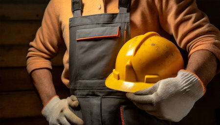 Close-up of a construction worker with protective work gloves holding his dirty orange safety helmet on a dark background. Generative Ai.の素材
