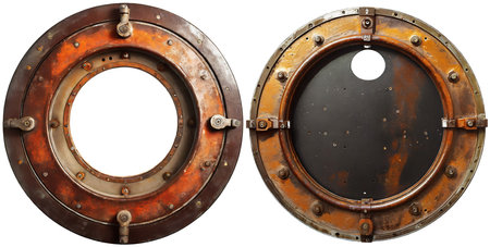 Two metal portholes of a nautical vessel made of rusty iron, isolated on white background. Generative Ai.の素材