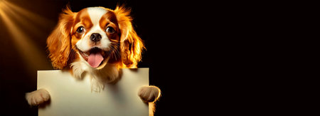 Portrait of a cute and smiling dog (Cavalier King Charles spaniel) holding up a blank banner (white sheet of paper) with copy space, looking at camera, isolated on black background.の素材