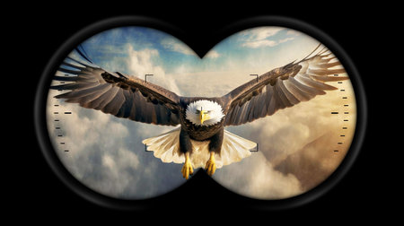 Binoculars viewpoint with an American Bald Eagle flying with spread wings, against a blue sky above the clouds. Generative Ai.の素材