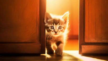 Closeup and bottom view of a small kitten entering through an old door, looking at camera. Generative Ai.の素材
