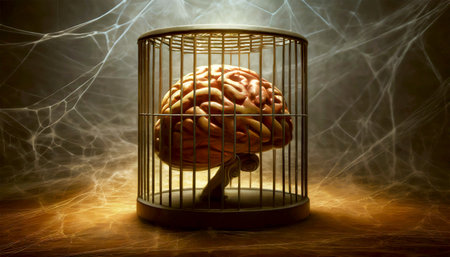 Closeup of a human brain imprisoned in a dark bird cage on a wooden table with cobwebs in the background. Concept of psychiatry, psychology and mental health. Generative Ai.の素材