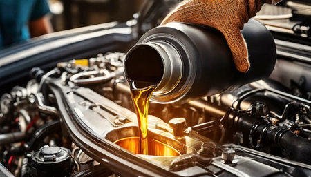 Close-up of hand with a work glove of a mechanic, pouring a bottle of oil into car engine. Engine oil change concept. Generative Ai.の素材