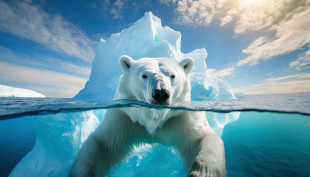 A desperate white polar bear swimming in front of an iceberg drifting in the sea, melting ice due to climate change and global warming. Generative Ai.の素材