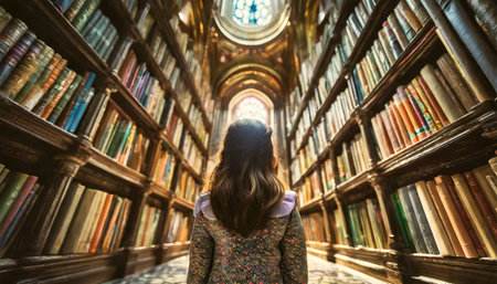 Rear view of a young female student, inside a large library full of books. Generative Ai.の素材