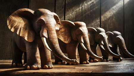 Group of four wooden elephants carved in hardwood on a wooden table. Generative Ai.の素材