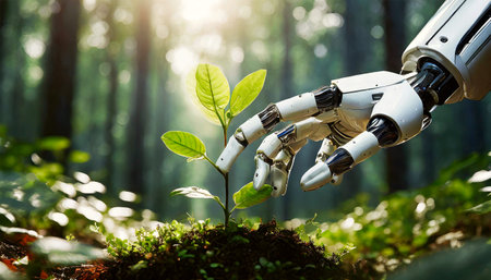 Close-up of a humanoid robot hand touching a small plant with green leaves in a forest. Green technology and environmental conservation concept. Generative Ai.の素材