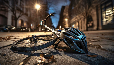 Closeup of a helmet and bicycle lying on the road after an accident. Generative Ai.の素材