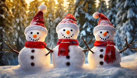 Close-up of three adorable and happy snowmen wearing Santa Claus hat and woolen scarf, in winter while it snows in the forest. Template for a Christmas or New Year greeting card. Generative Ai.の素材