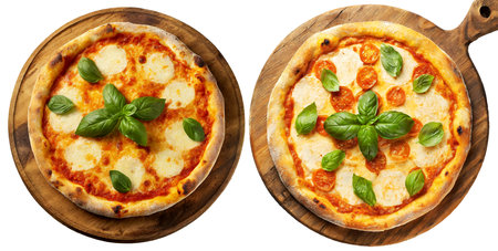 Margherita pizza with mozzarella and tomato slices and basil green leaves, on an old wooden cutting board, isolated on white background. Generative Ai.の素材