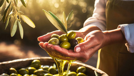 Close-up of two wrinkled hands (cupped hands full of fresh olives) of a farmer showing harvesting green olives bathed in a flowing, liquid olive oil. Generative Ai.の素材